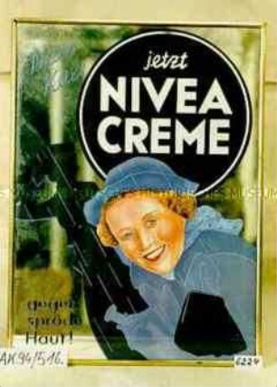 Werbeschild, gerahmt, mit Aufdruck "Nass kalt jetzt NIVEA CREME gegen spröde Haut!"