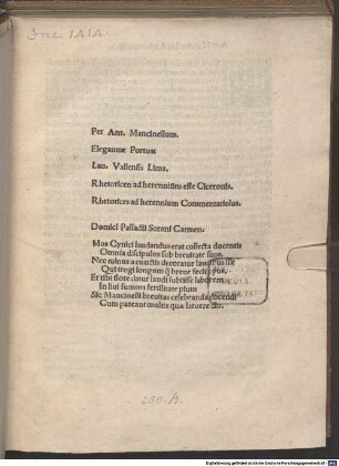 Epitome Elegantiarum Laurentii Vallae : mit Brief des Autors, Venedig 15.3.1493, und Gedicht von Domitius Palladius