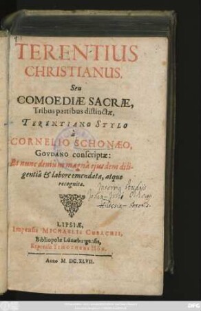 [1]: Terentius Christianus. Seu Comoediae Sacrae : Tribus partibus distinctae