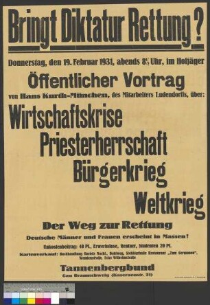 Plakat des Tannenbergbundes zu einer öffentlichen Vortragsveranstaltung am 19. Februar 1931 in Braunschweig