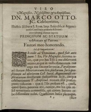 Viro Magnifico, Nobilißimo & Amplißimo, Dn. Marco Otto [...]