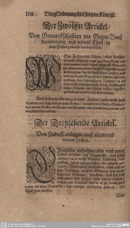 Der Dreyzehende Artickel. Von Zubuß anlegen/ auff alten und neuen Zechen.