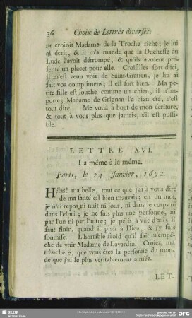 Lettre XVI. La même à la même. Paris, le 24. Janvier, 1692