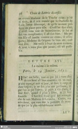 Lettre XVI. La même à la même. Paris, le 24. Janvier, 1692