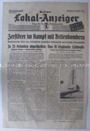 Tageszeitung "Berliner Lokal-Anzeiger" u.a. über Misserfolge der britischen Luftwaffe