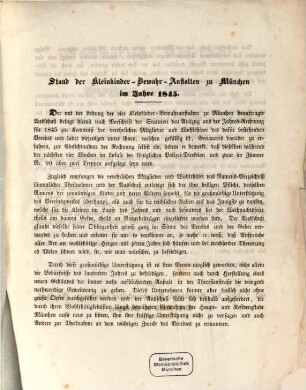 Stand der Kleinkinder-Bewahr-Anstalten zu München im Jahre 1845