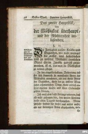 Das zweite Hauptstük, Von der Mäßigkeit überhaupt, und der Nüchternheit insbesondere.