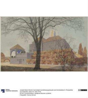 Darmstadt, Ausstellungsgebäude und Hochzeitsturm, Perspektive von Südosten