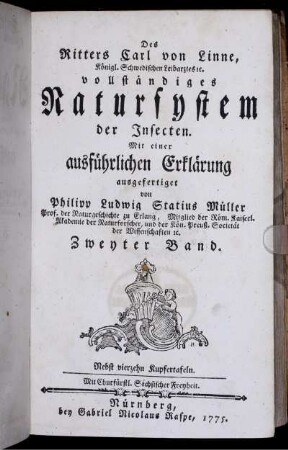 Theil 5, Bd. 2: Des Ritters Carl von Linné Königlich Schwedischen Leibarztes [et]c. [et]c. vollstaendiges Natursystem. Fünfter Theil. Zweyter Band