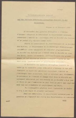Tschechoslowakische Antwort auf das deutsche Memorandum bzgl. eines Eintritts in den Völkerbund