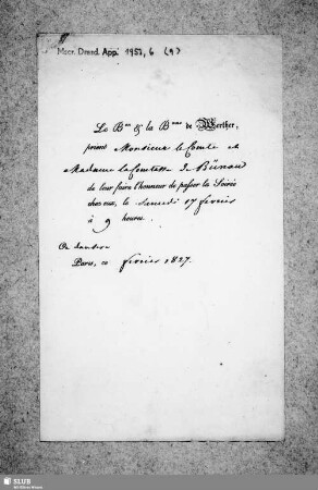 Nr. 9: Von Baron & Baronne de Werther- dat. Paris, 17.02.1827.