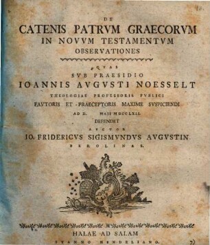 De Catenis Patrvm Graecorvm In Novvm Testamentvm Observationes