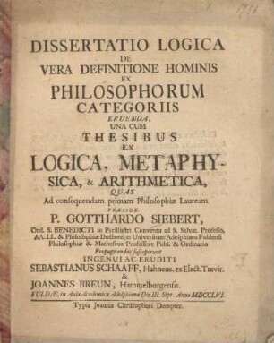 Dissertatio logica de vera definitione hominis ex philosophorum categoriis eruenda, una cum thesibus ex logica, metaphysica & arithmetica