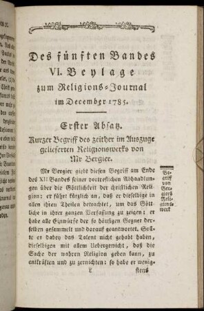 Des fünften Bandes VI. Beylage zum Religions-Journal im December 1785
