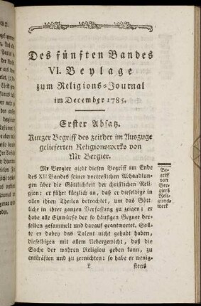 Des fünften Bandes VI. Beylage zum Religions-Journal im December 1785
