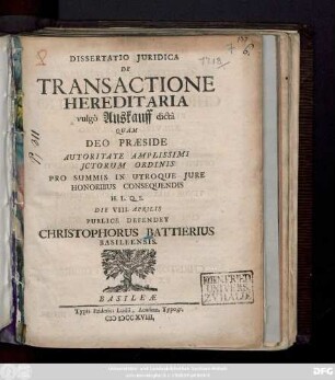 Dissertatio Juridica De Transactione Hereditaria vulgò Auskauff dictâ