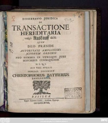Dissertatio Juridica De Transactione Hereditaria vulgò Auskauff dictâ