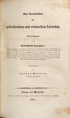 Zur Geschichte der griechischen und römischen Literatur : Abhandlungen