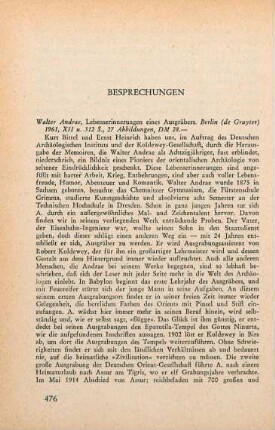 476-477 [Rezension] Andrae, Walter, Lebenserinnerungen eines Ausgraebers