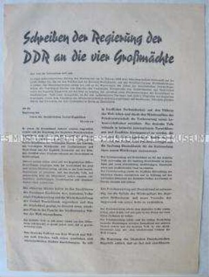 Flugblatt mit dem Text des Schreibens der DDR-Regierung an die vier Großmächte über den Abschluß eines Friedensvertrages mit Deutschland