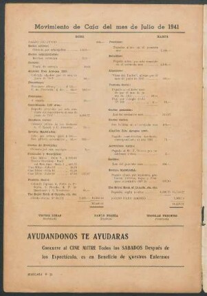 Movimiento de Caja del mes de Julio de 1941