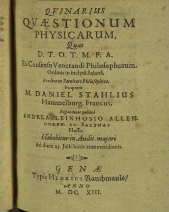 Quinarius quaestionum physicarum