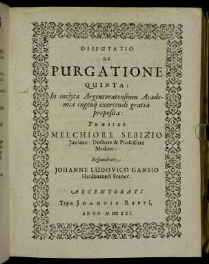 Disputatio De Purgatione Quinta: