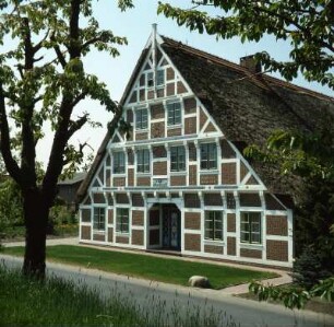 Altes Land. Mittelnkirchen. Bauernhof : Altes Land. Mittelnkirchen. Vollbauernhof hinterm Deich an der Lühe zwischen Kirschbäumen