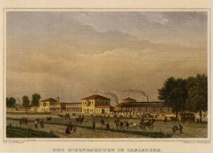 Ansichten Karlsruher Gebäude, Bauwerke und Denkmäler. "Der Eidenbahnhof in Carlsruhe". Alter Bahnhof