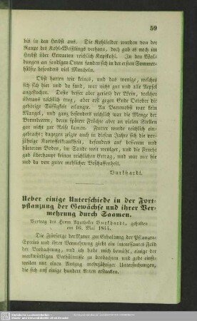 Ueber einige Unterschiede in der Fortpflanzung der Gewächse und ihrer Vermehrung durch Saamen : Vortrag des Herrn Apotheker Burkhardt, gehalten am 16. Mai 1844