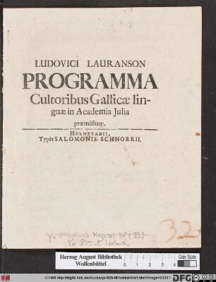 Ludovici Lauranson Programma Cultoribus Gallicæ linguæ in Academia Julia præmissum