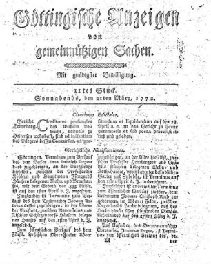 11tes Stück. Sonnabends, den 21ten März, 1772.