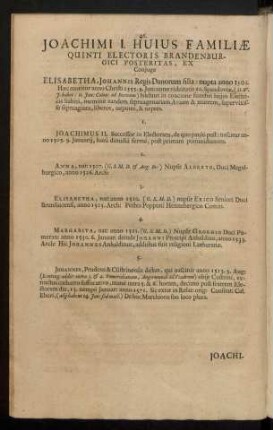 Joachimi I. Huius Familiae Quinti Electoris Brandenburgici Posteritas, Ex Coniuge