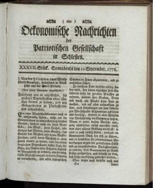 XXXVII. Stück. Sonnabends den 12 September. 1778.