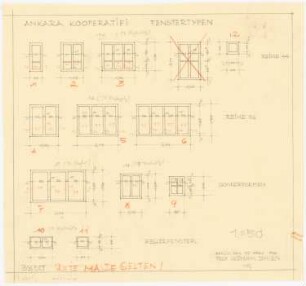 Gesamtbebauungsplan Ankara Ankara Kooperatifi. Haustypen: Generelle Werkplanung, Fenstertypen, Aufriss 1:50