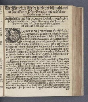 Ausführliche und sehr accurate Relation von der bey Höchstädt abseiten der Hohen Alliirten gegen die Frantzosen/ (...) befochtenen Victorie.