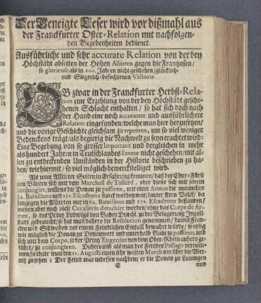 Ausführliche und sehr accurate Relation von der bey Höchstädt abseiten der Hohen Alliirten gegen die Frantzosen/ (...) befochtenen Victorie.