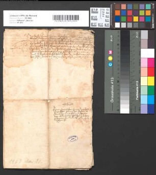 Heiratsvertrag zwischen Daem v. Pallant, Sohn des + Daem v. Pallant, und der Katharina Grin von Aldenhoven, Tochter von Wilhelm. Mitsiegler: Reinhard von Pallant, Propst zu Aachen, Carsilis v. Pallant, Herr zu Breidenbent, Johann v. Pallant, Herr zu Bergh; Gerhard von Orande (Prande ?), Wynand v. Bridele und Houff v. Lynzenich.