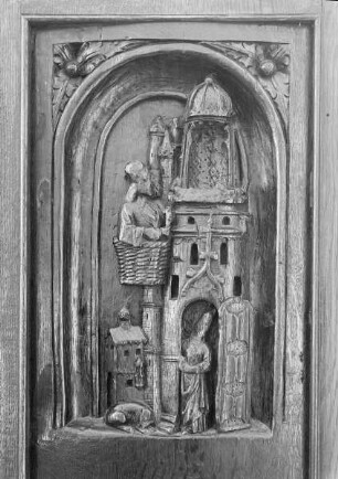 Wange des Chorgestühls mit einer Szene aus "Zauberer Virgilius"
