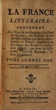 La France littéraire, 1757