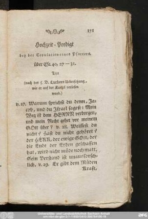 Hochzeit-Predigt bey der Copulation eines Pfarrers. über Esa 40, 27 - 31.