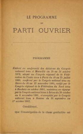 Le programme du Parti ouvrier : son histoire, ses considérants, ses articles