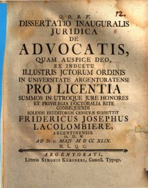 Diss. inaug. iur. de advocatis