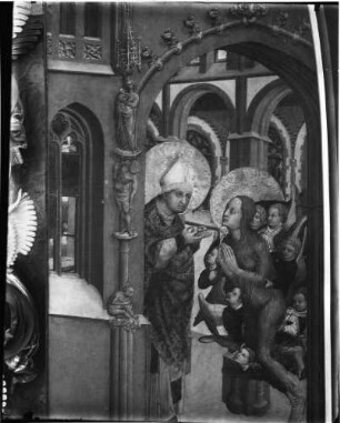 Tiefenbronn Katholische Kirche Sankt Maria Magdalena Magdalenenaltar von Lukas Moser (1431) geschlossen - Magdalena, die als Büßerin in der Wildnis gelebt hat, erhält vom Bischof die Kommunion