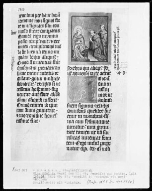 Regel des heiligen Benedikt — Der heilige Benedikt im Gespräch mit zwei Mönchen, Folio 31recto