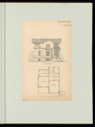 Ländliches Wohnhaus, Berlin-Lichterfelde Monatskonkurrenz April 1881: Grundriss Obergeschoss, Aufriss Seitenansicht; Maßstabsleiste
