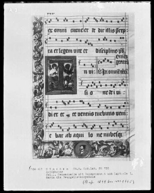Antiphonarium — Buchseite mit einer Initiale und einer Miniatur in der Bordüre