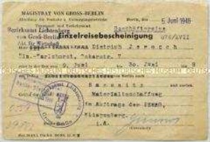 Bescheinigung für eine Dienstreise von Berlin nach Sassnitz - Nachlass