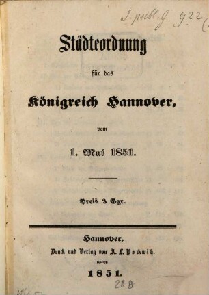 Städteordnung für das Königreich Hannover, vom 1. Mai 1851