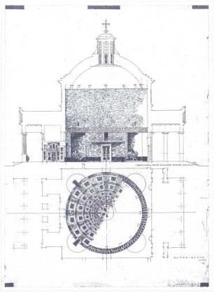 Döllgast, Hans; München; Ostfriedhof, Aussegnungshalle - Grundriss; Längenschnitt
